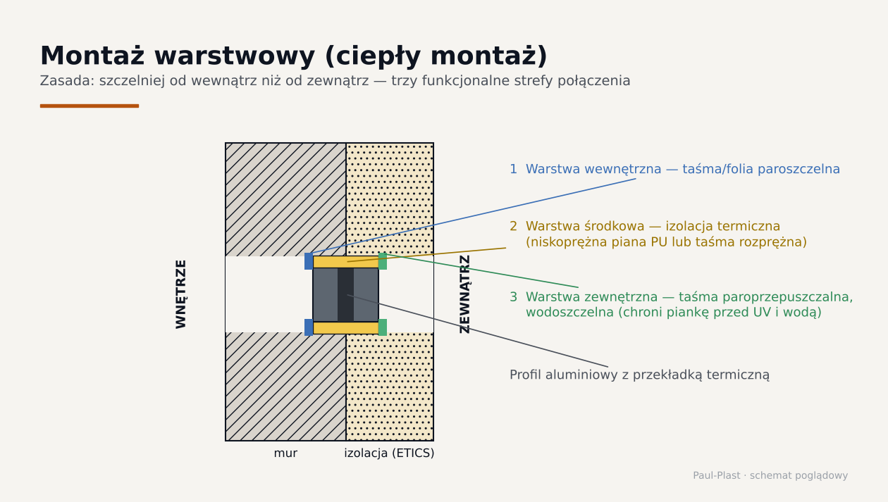 Schemat montażu warstwowego okna: warstwa paroszczelna od wewnątrz, izolacja termiczna w środku i taśma paroprzepuszczalna od zewnątrz