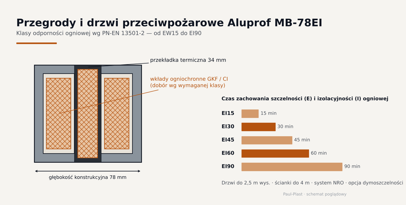 Przekrój profilu przeciwpożarowego Aluprof MB-78EI z wkładami ogniochronnymi i zestawienie klas odporności ogniowej od EI15 do EI90